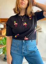 VINTAGE 90’s Black Flamingo Embroidered Black Tee T-Shirt - M/L