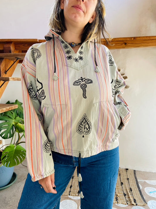 VINTAGE 90's Hippie Batik Long Sleeve Hooded Top - M/L