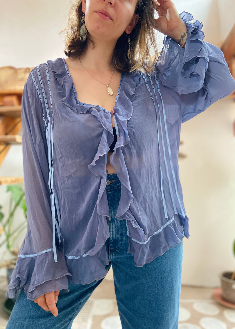 VINTAGE 90's Blue Floaty Ruffle Long Sleeve Top - M/L