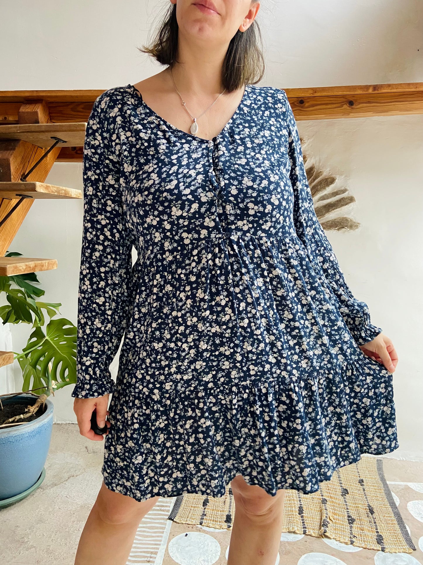 VINTAGE 90's Floral Blue Long Sleeve Dress - M/L