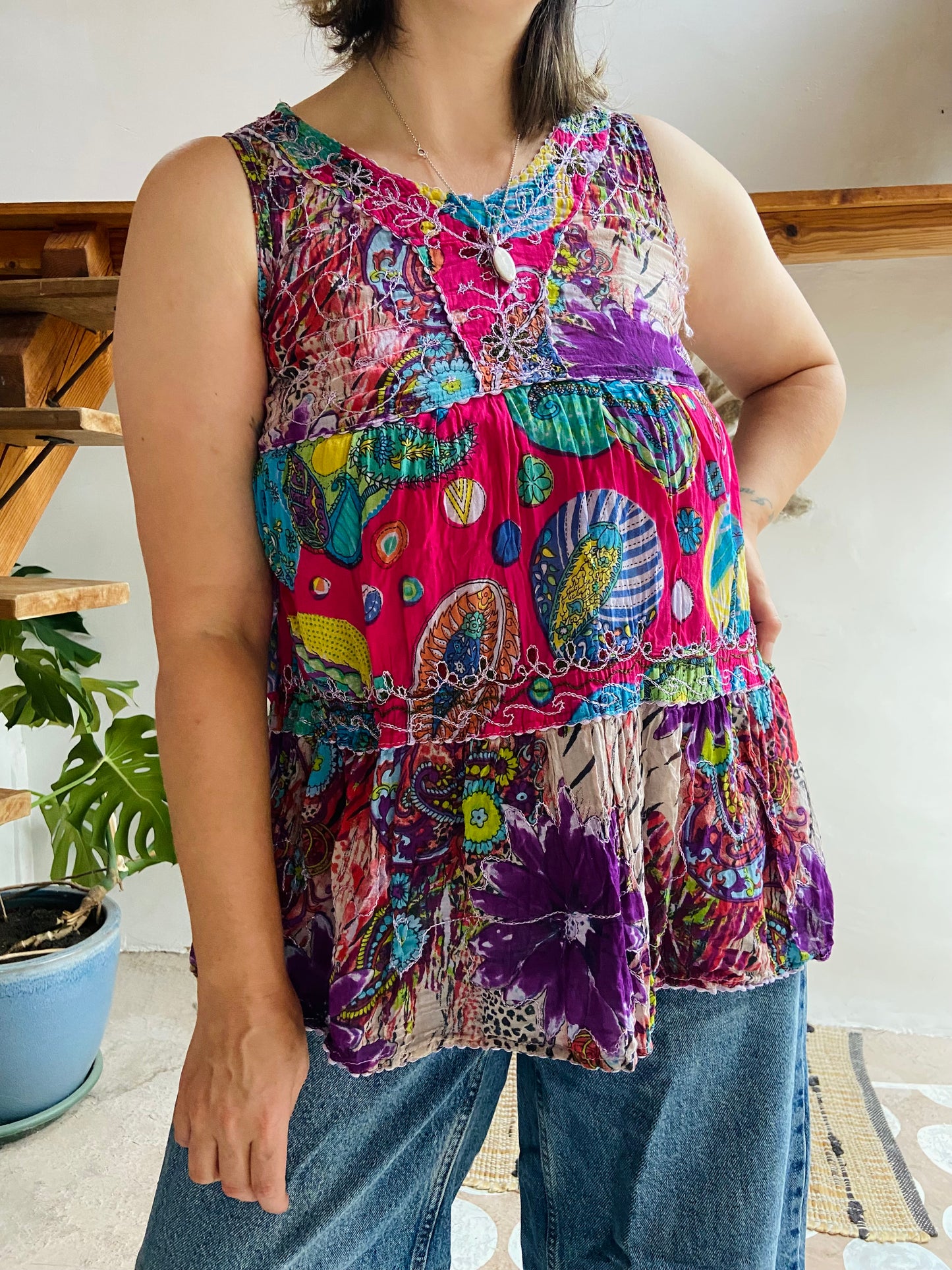 VINTAGE 90's Bohemian Print Hippie Sleeveless Top - XS/S