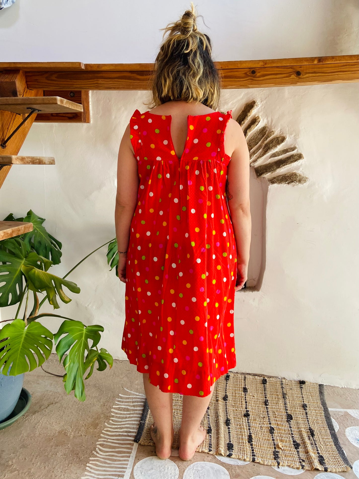 VINTAGE 80's Red Polkadot Midi Dress - M