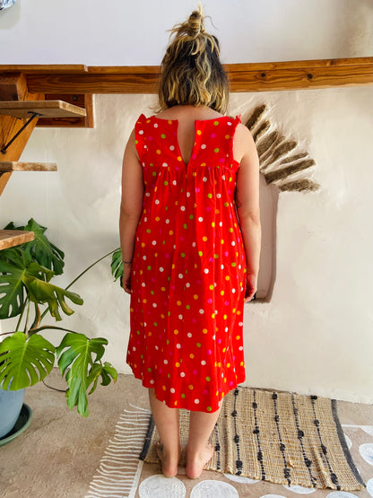 VINTAGE 80's Red Polkadot Midi Dress - M
