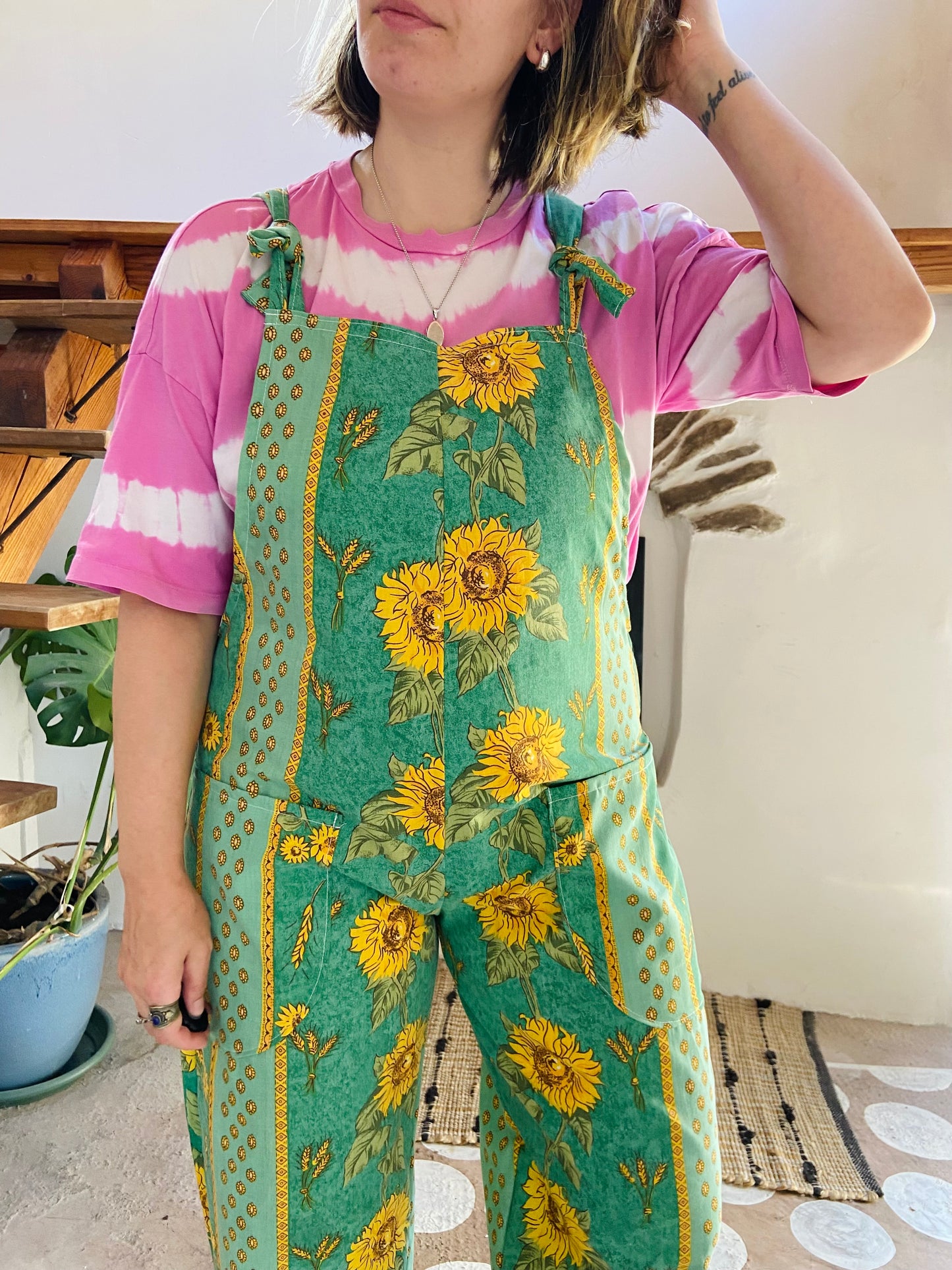 DESERT FOX Green Sunflower Provencal Print Long Length Dungarees - M/L