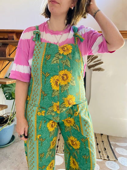 DESERT FOX Green Sunflower Provencal Print Long Length Dungarees - M/L