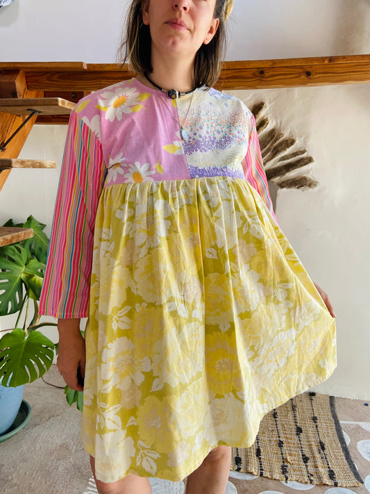 DESERT FOX Patchwork Pastel Floral Ruffle Dress - S/M