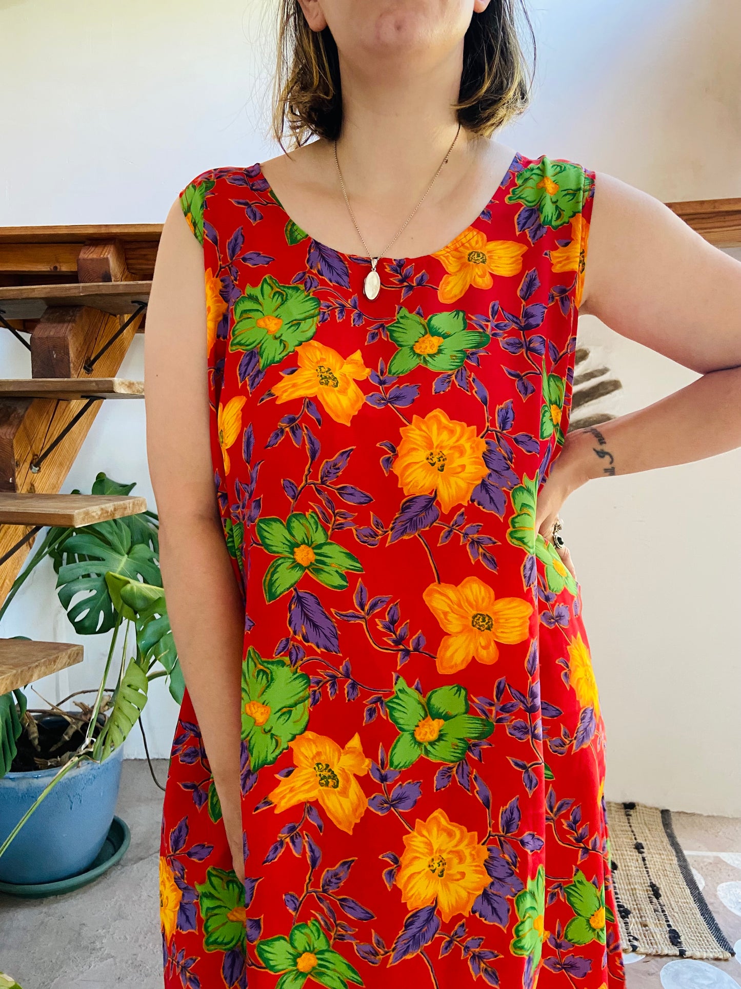 VINTAGE 90's Red Floral Loose Dress - M/L