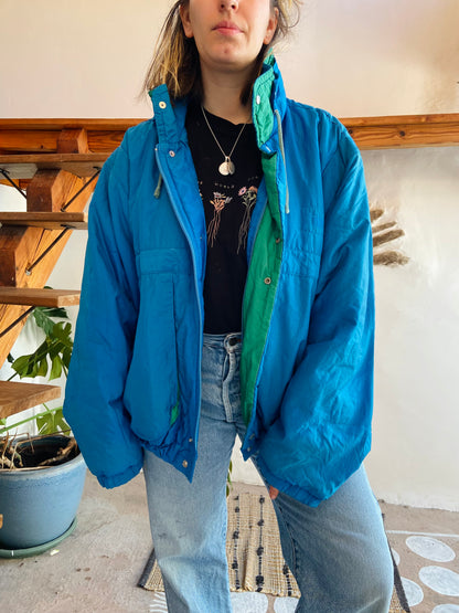 VINTAGE 80's Retro Blue & Green Raincoat Funky - L/XL