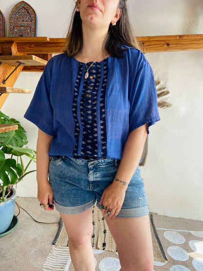 VINTAGE 90's Blue Bohemian Woven Short Sleeve Tunic Top - M/L