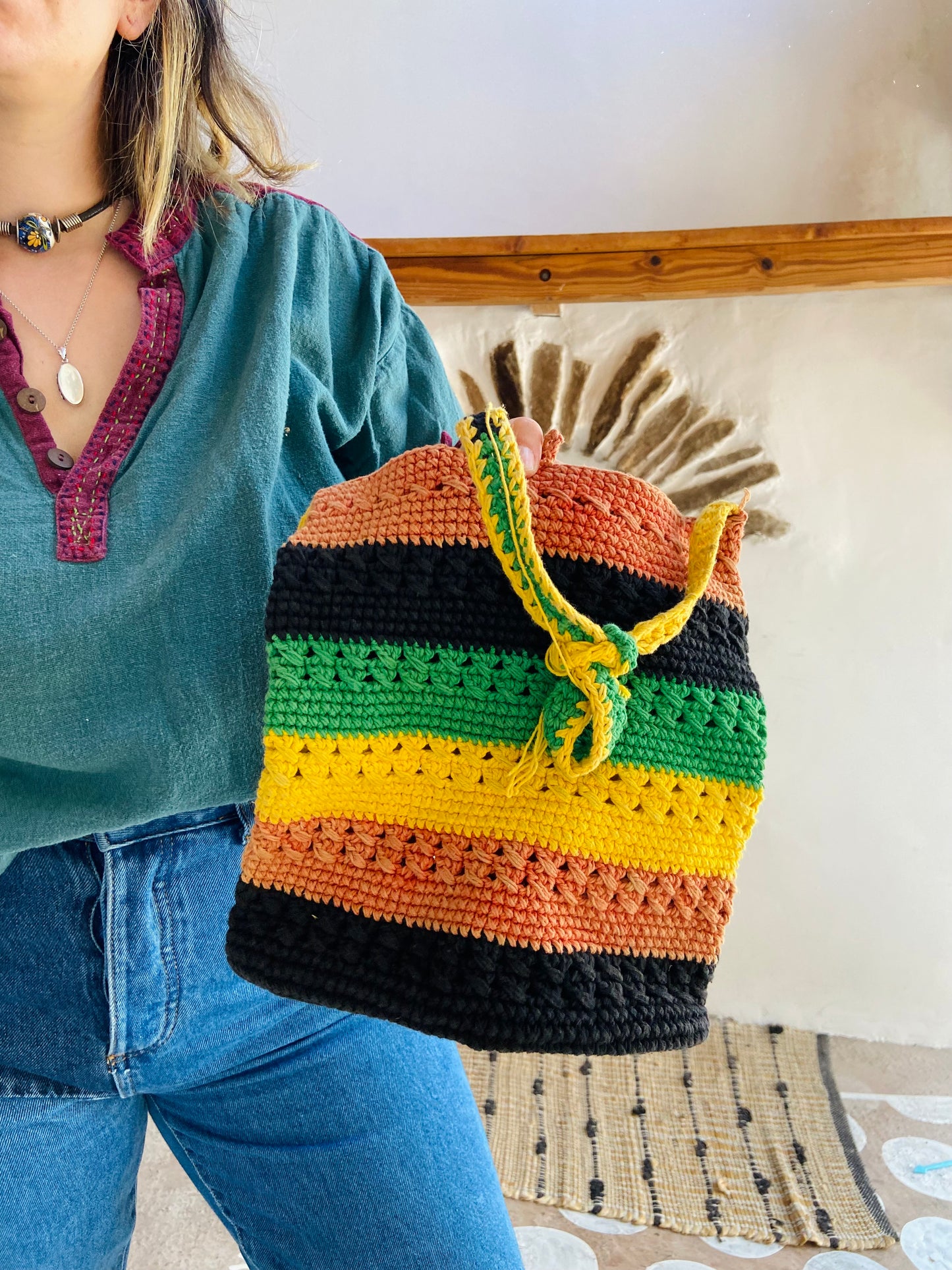 VINTAGE 90's Stripe Crochet Shoulder Bag - ONE SIZE
