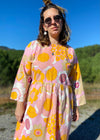 DESERT FOX Dahlia Midi Dress - Pink & Orange 70's Florals - M/L