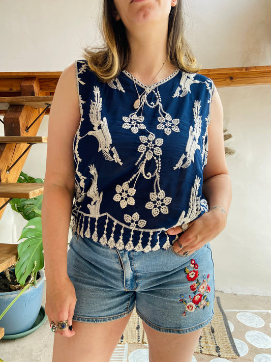 VINTAGE 90's Blue Embroidered Loose Tank Top - M/L