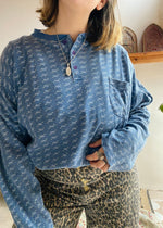 VINTAGE 90's Blue Patterned Grunge Long Sleeve T-Shirt Top - L