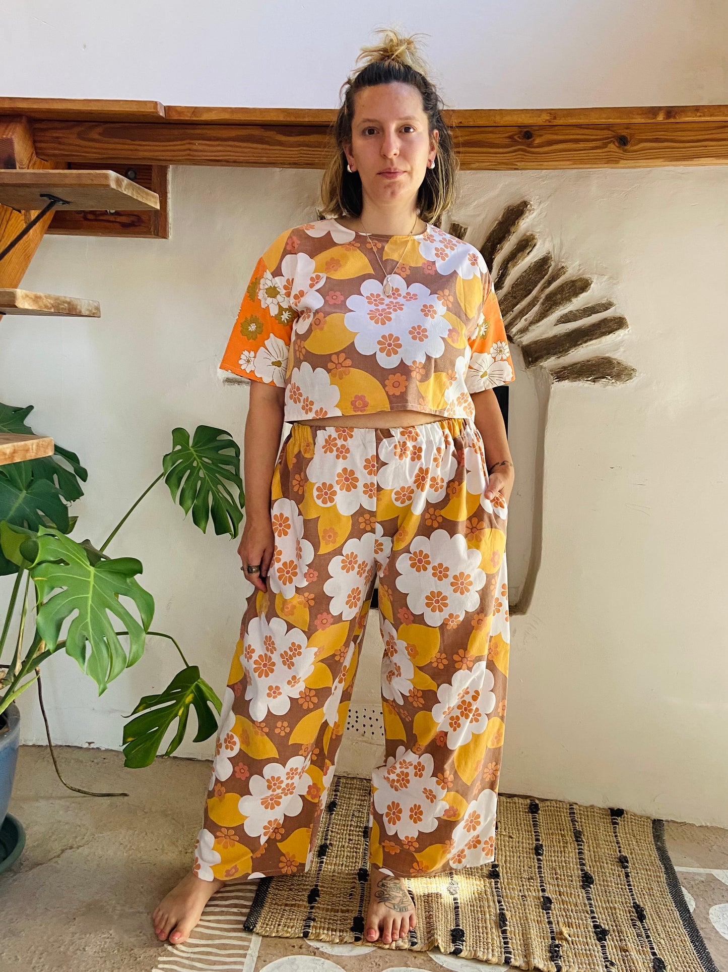 DESERT FOX 70’s Orange Floral Co-Ord Trousers & Top Set - M/L
