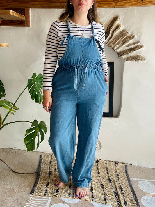 VINTAGE 90's Blue Cotton Wide Leg Jumpsuit - S
