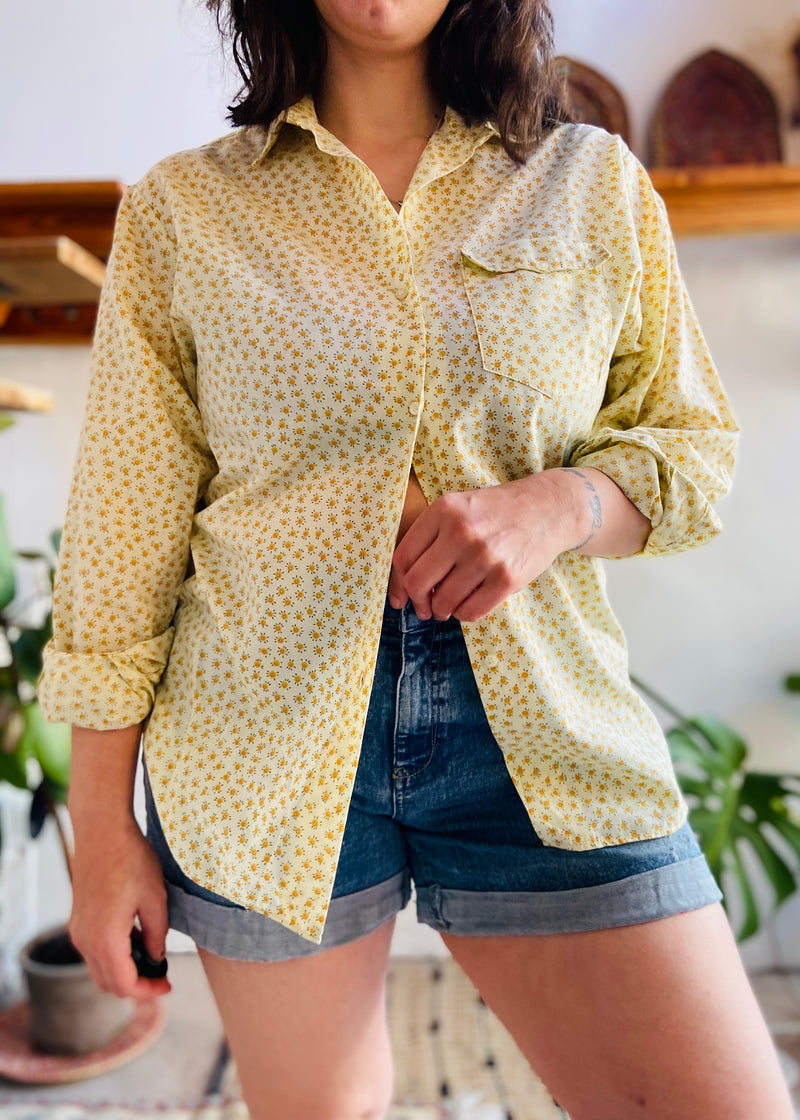 VINTAGE 70's Yellow Floral Long Sleeve Shirt - M
