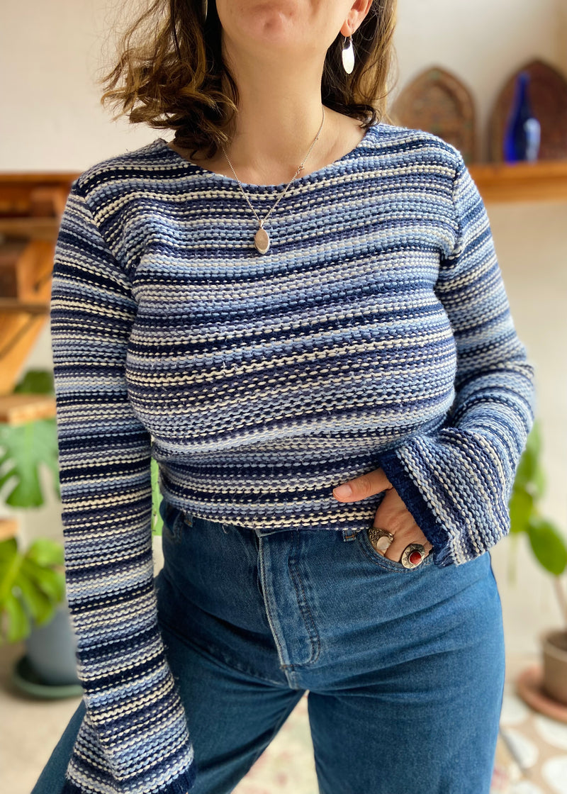 VINTAGE Blue Stripe Flared Sleeve Jumper - M