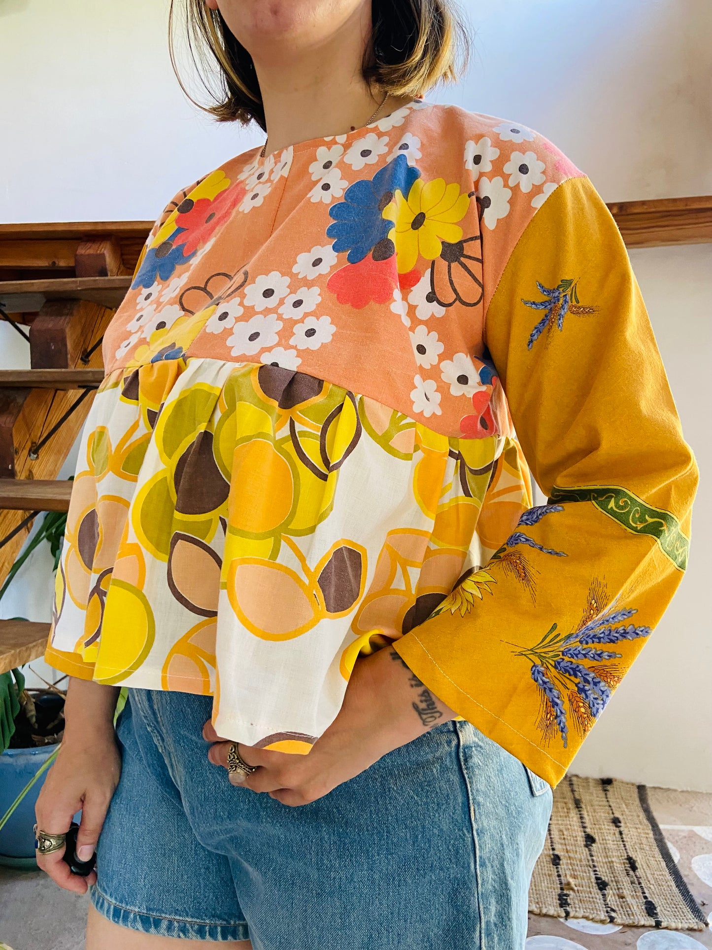 DESERT FOX Patchwork Orange Sunflower Floral Ruffle Top - M/L
