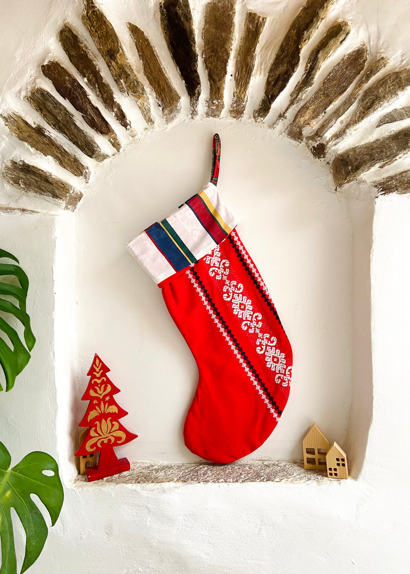 DESERT FOX Handmade Vintage Fabric Christmas Stocking - Red Woven