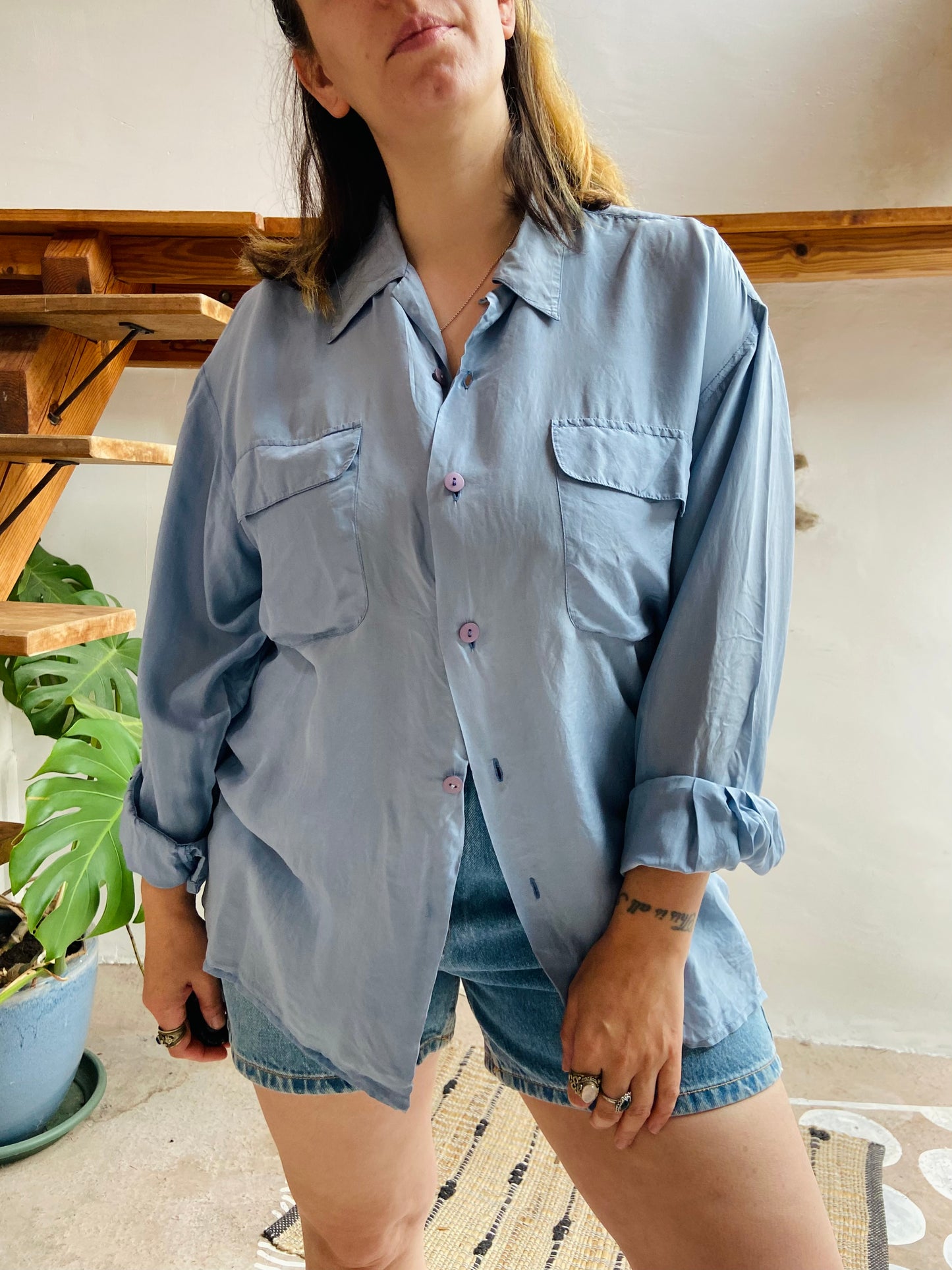 VINTAGE Pretty Blue Silk Long Sleeve Shirt - M/L
