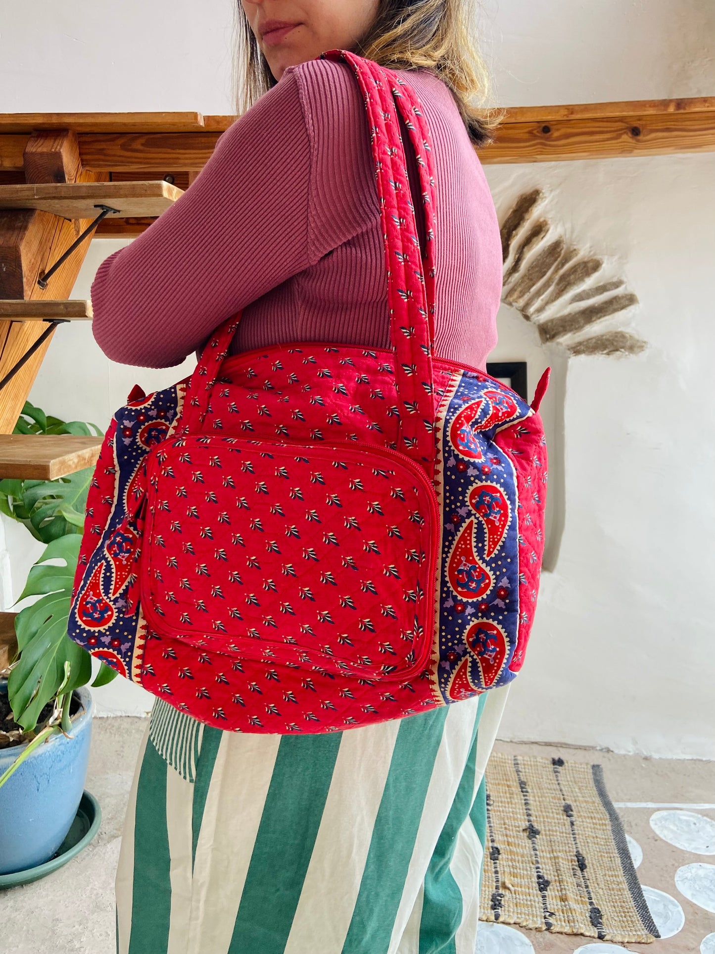 VINTAGE Red Provencal Pattern Shoulder Bag - ONE SIZE
