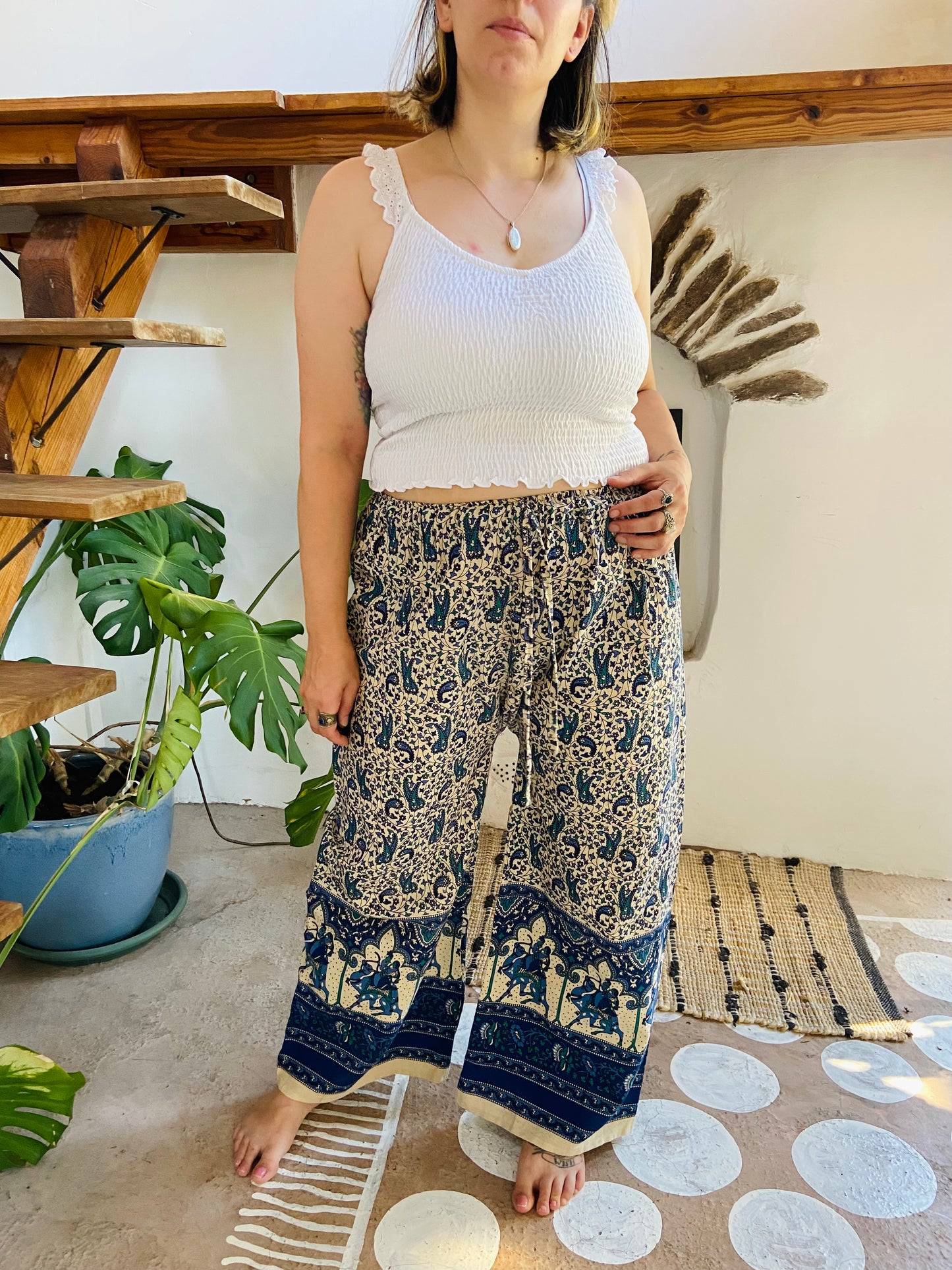 VINTAGE 90's Blue Indian Elephant Bohemian Wide Leg Trousers - M/L