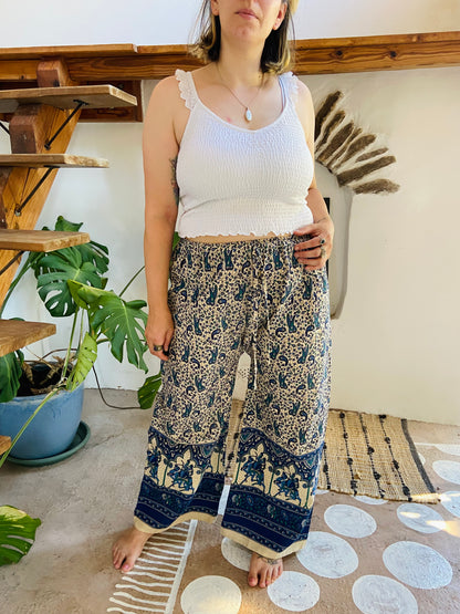 VINTAGE 90's Blue Indian Elephant Bohemian Wide Leg Trousers - M/L