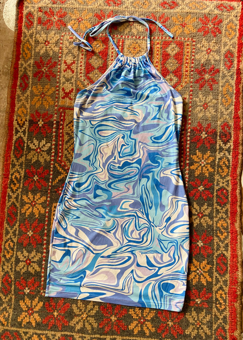 Y2K Blue Swirl Print Stretchy Mini Dress - S/M