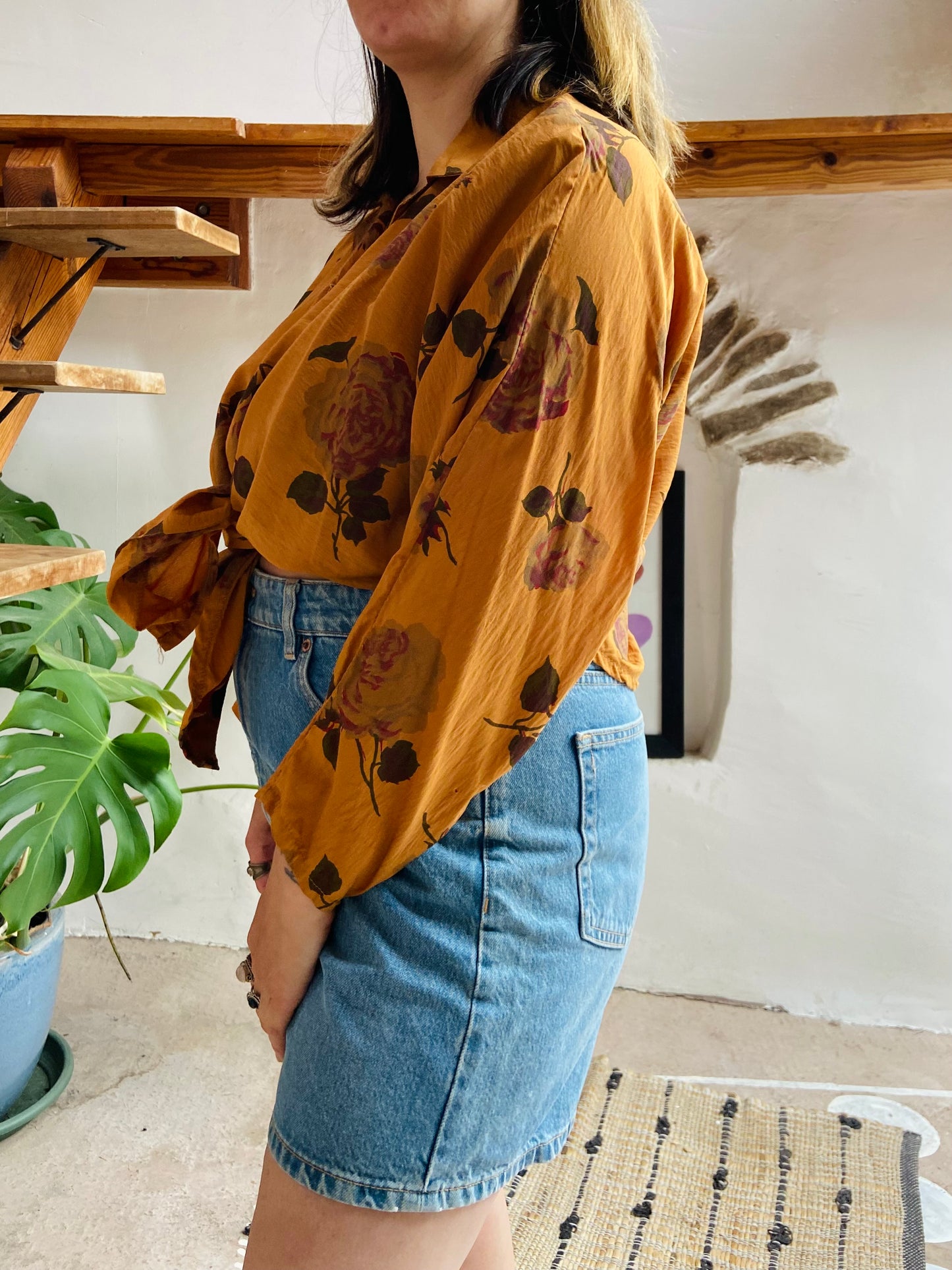 VINTAGE 80's Mustard Floral Long Sleeve Shirt - M/L