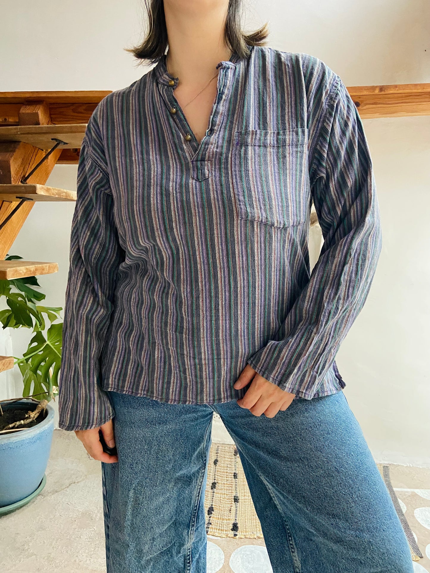 VINTAGE Hippie Blue Stripe Bohemian Long Sleeve Tunic Top - M/L