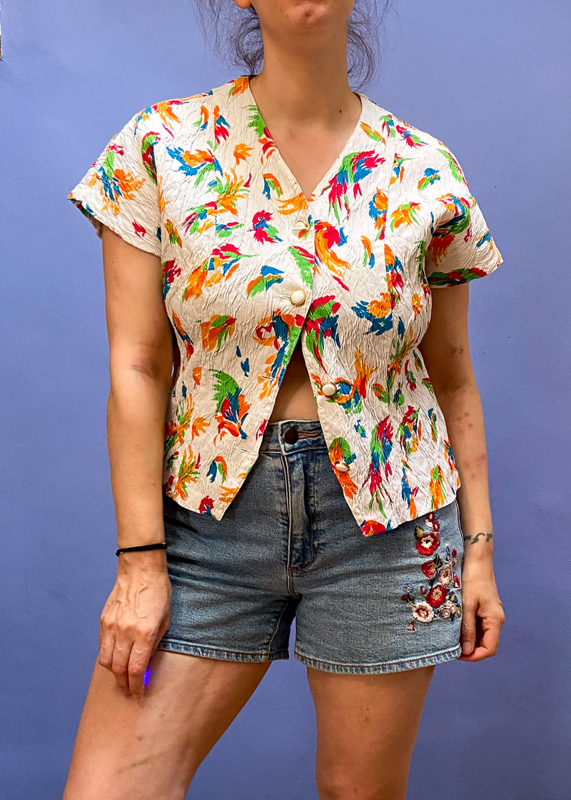 VINTAGE 80's Bright Pattern Button Up Top - S/M