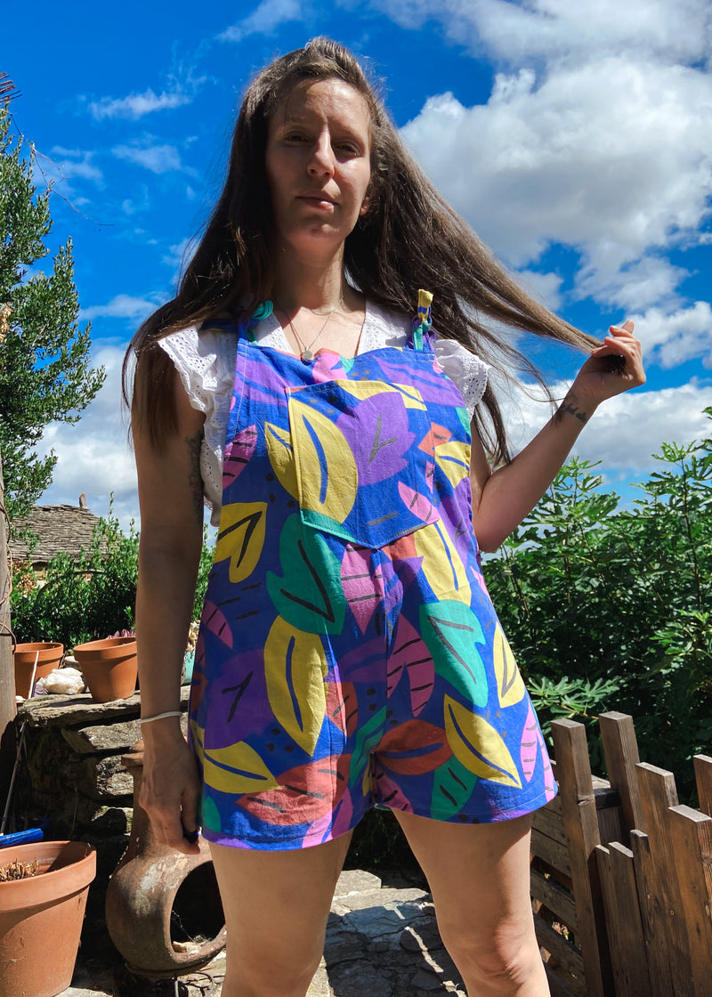 DESERT FOX Willow Short Dungarees - Bright Leaf Print - UK SIZES 8-22