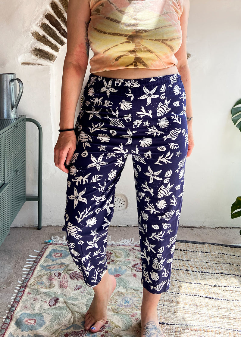 VINTAGE 90's Navy Printed High Waisted Trousers - S/M