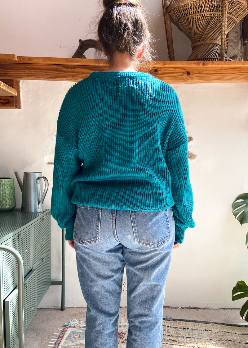 VINTAGE 90's Chunky Turquoise Blue Knit Jumper - M/L