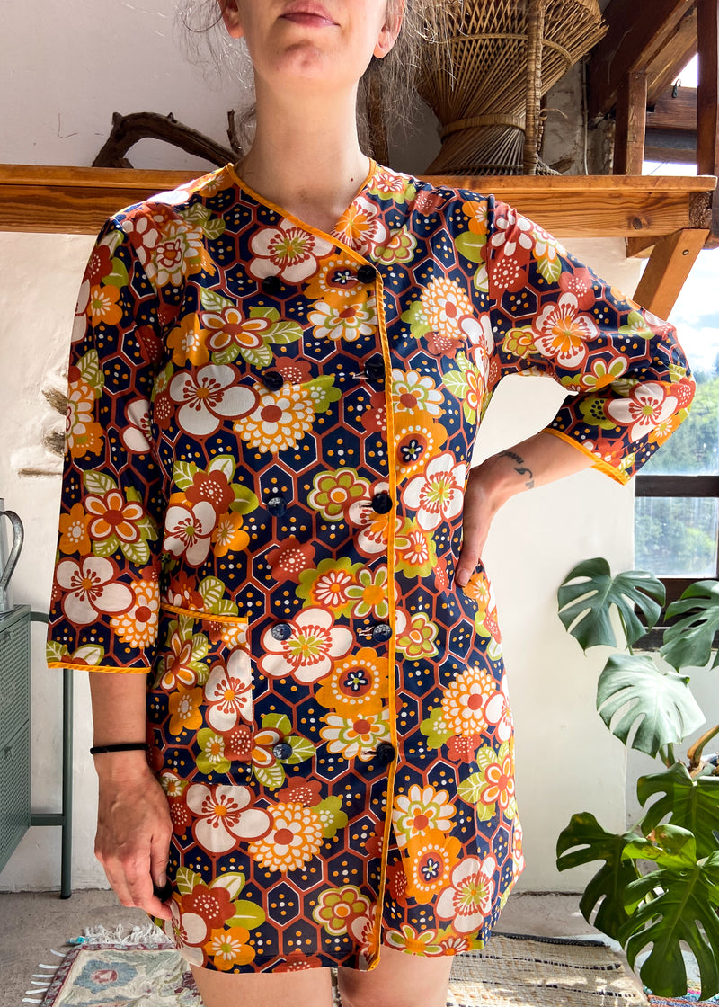 VINTAGE 70's Brown Floral Pattern Mini Dress - S/M