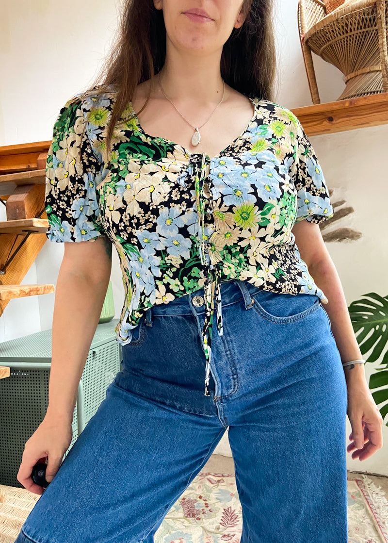 VINTAGE 90's Floral Puff Sleeve Top - S/M