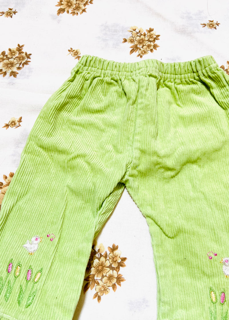 VINTAGE KIDS 90's Green Cord Embroidered trousers - 3 MONTHS