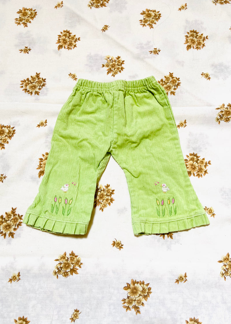 VINTAGE KIDS 90's Green Cord Embroidered trousers - 3 MONTHS