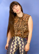 VINTAGE 80's Leopard Print Pussy Bow Blouse - S/M