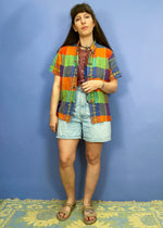 VINTAGE 90's Hippie Checked Bright Short Sleeve Shirt - S/M
