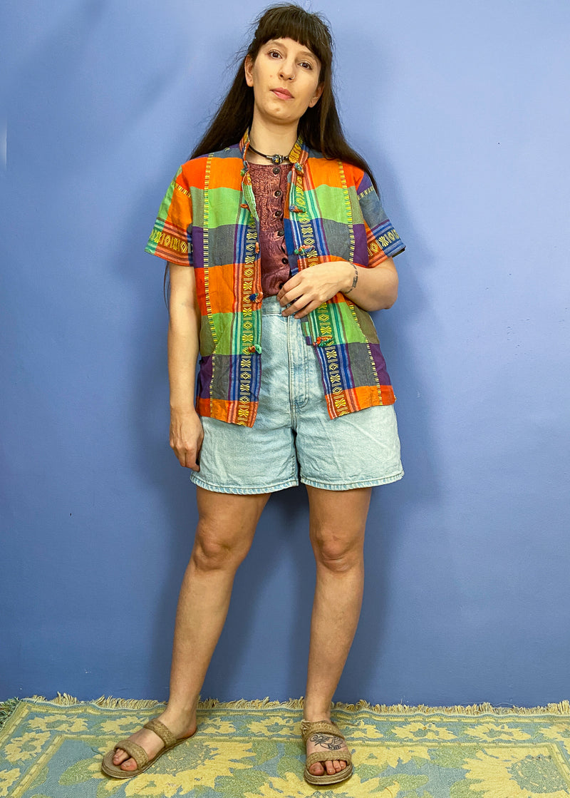 VINTAGE 90's Hippie Checked Bright Short Sleeve Shirt - S/M