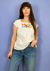 VINTAGE 90's White Cotton Embroidered Floral Top - S/M